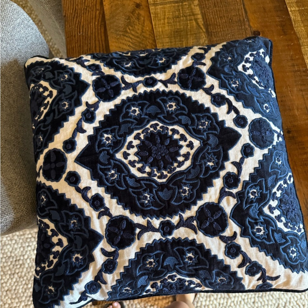 Navy and White Embroidered Cushion